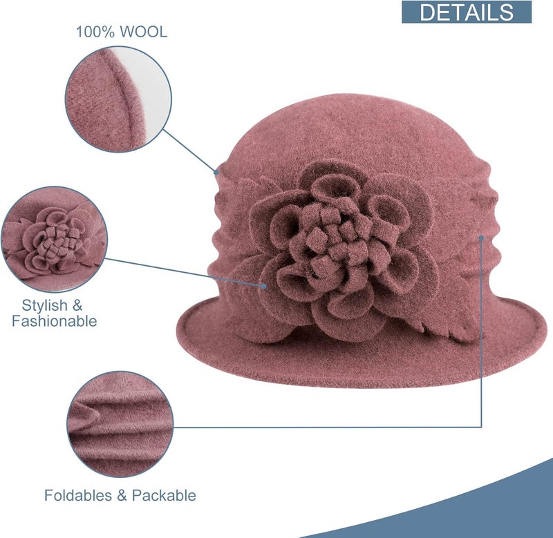 Sumolux Women Beret Hat French Vintage Floral Wool Dress Cloche Classic Winter Hat 1920s - Image 3